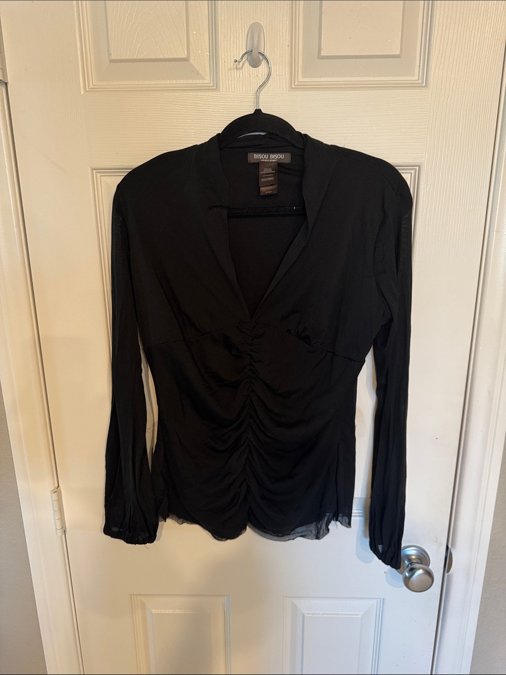 Bisou Bisou Black Ruched V-Neck Long Sleeve Blouse